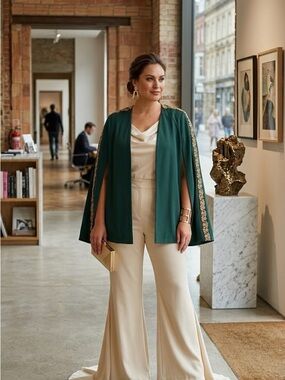 Women's Emerald Green Embroidered Trim Cape